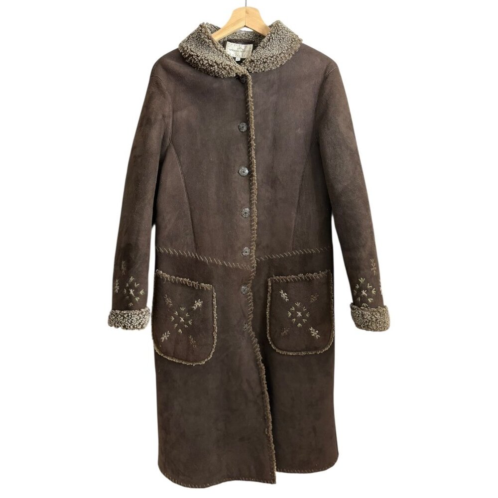 Vintage Armand Ventilo Sheepskin Sherpa Embroidered‎ Long Coat Boho 70s Brown L
